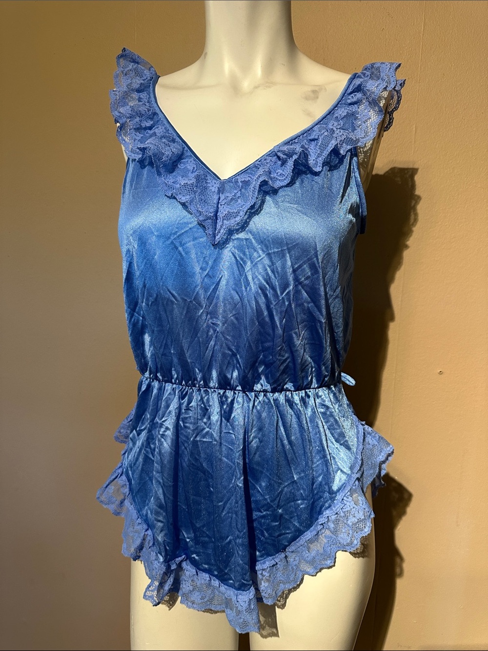Vintage 1980s blue ruffle nighty lingerie shirt elastic waist